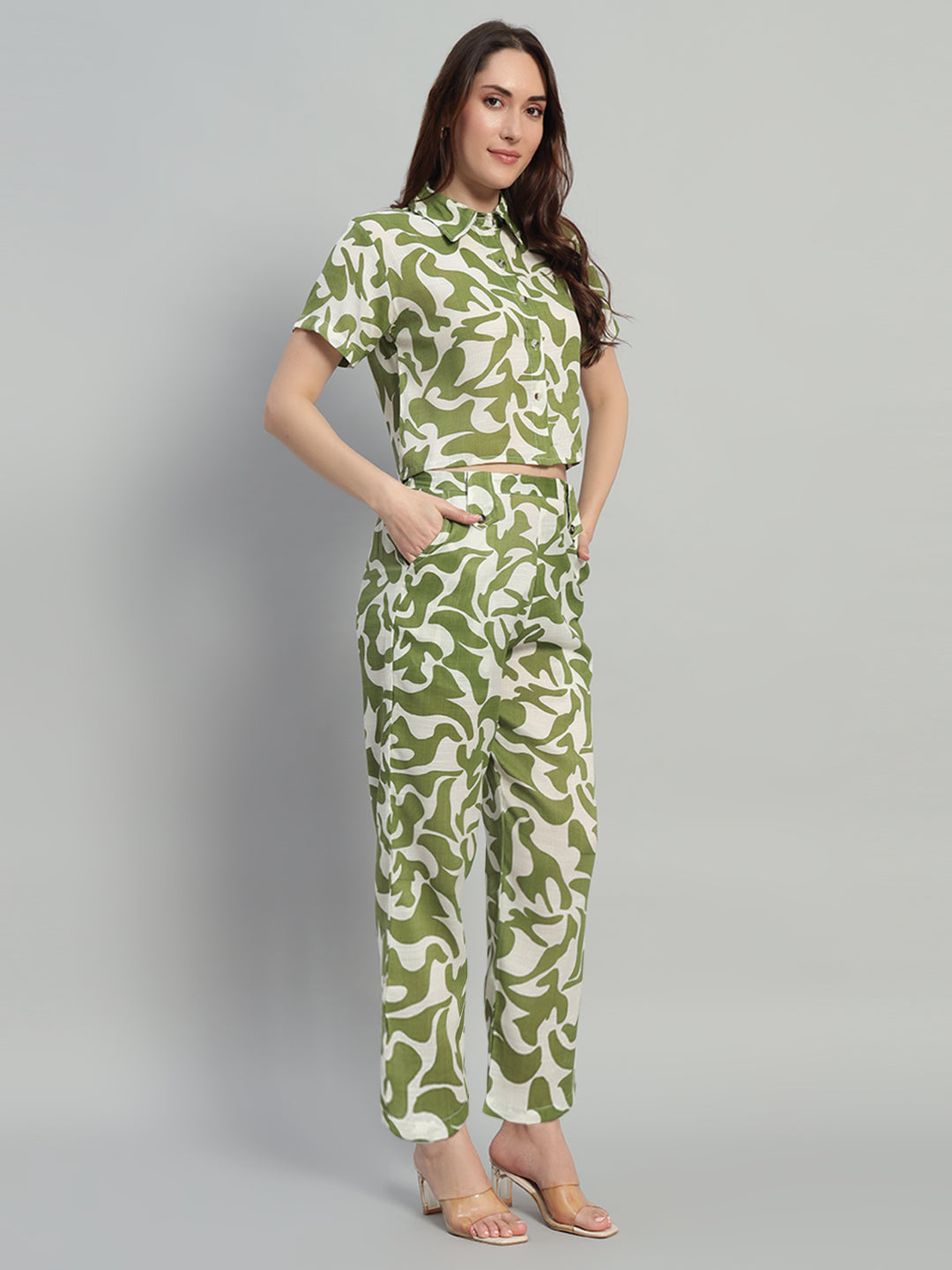 Women Olive Green Printed Shirt Co-Ords