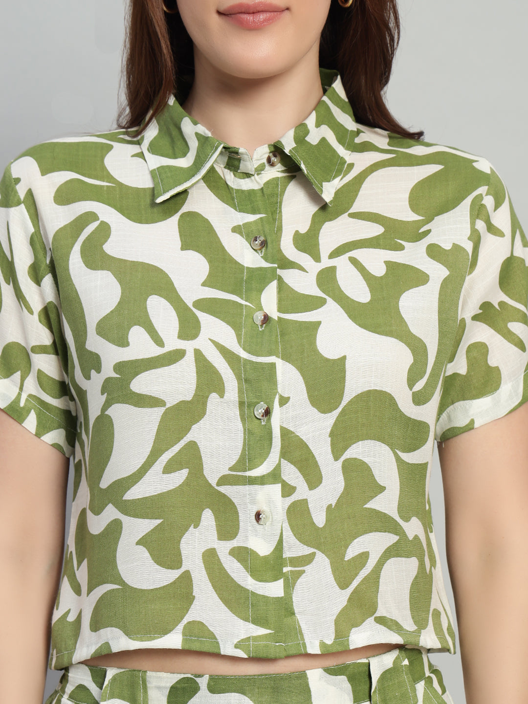 Women Olive Green Printed Shirt Co-Ords