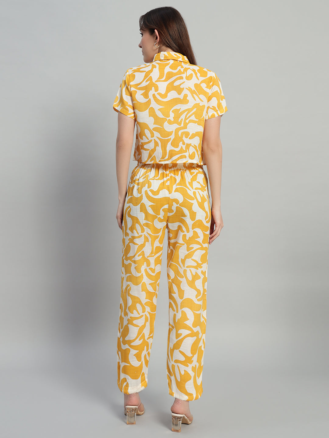 Women Yellow Printed Shirt Co-Ords