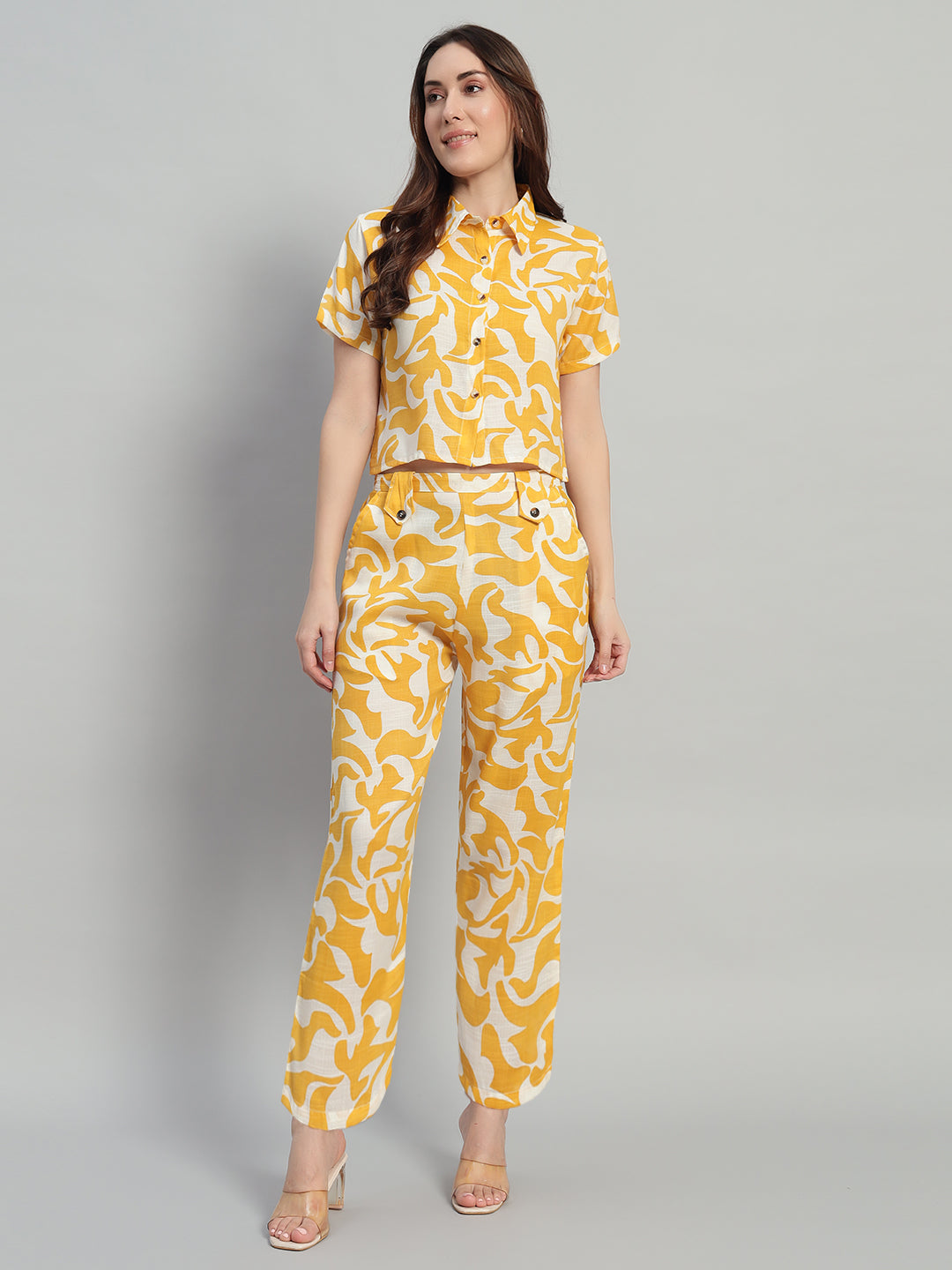 Women Yellow Printed Shirt Co-Ords