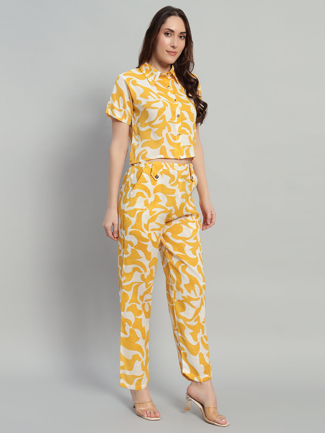 Women Yellow Printed Shirt Co-Ords