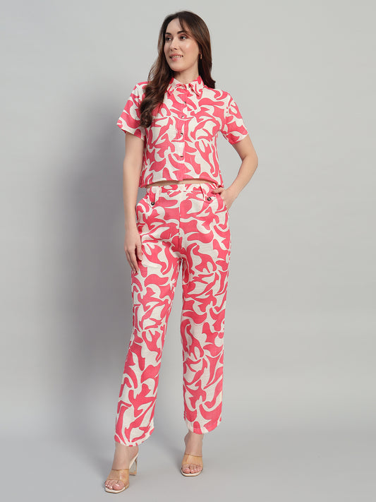 Women Red Printed Shirt Co-Ords