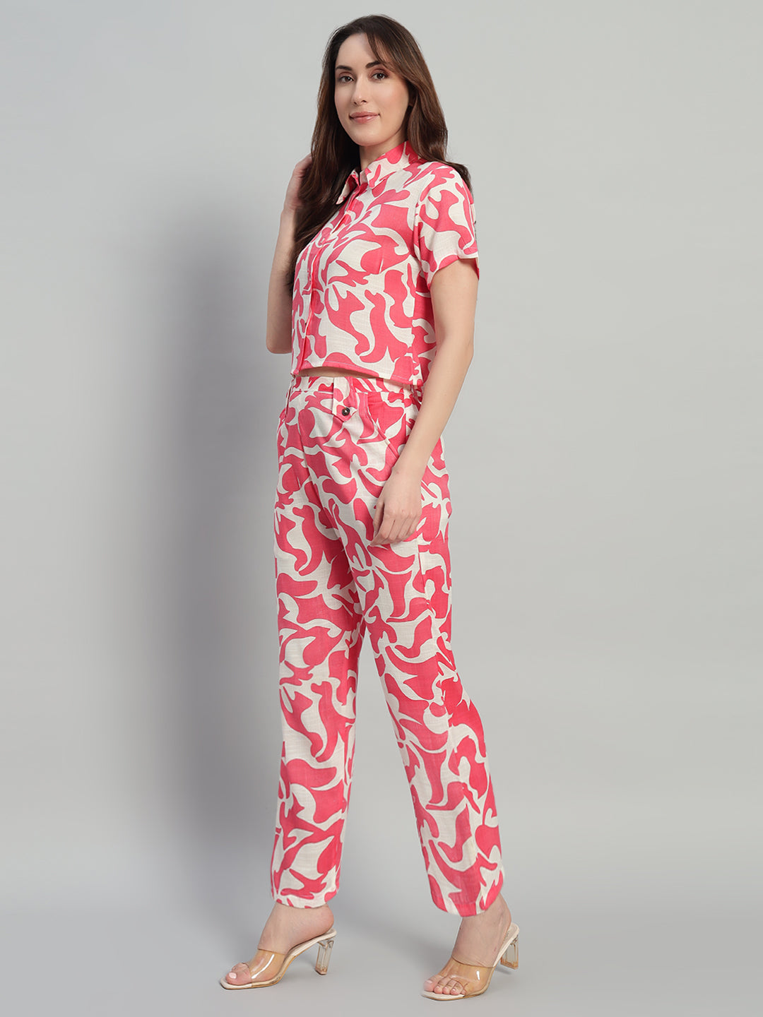 Women Red Printed Shirt Co-Ords