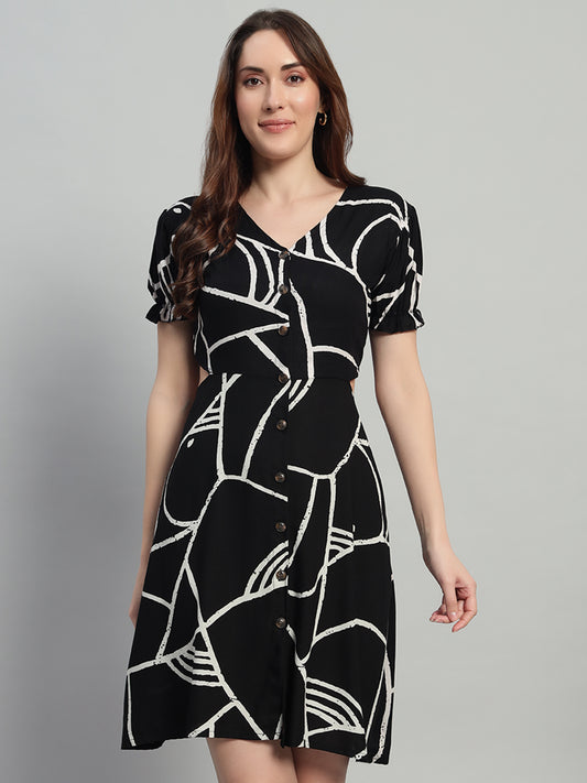 Women Black Abstract Short Flared Dress