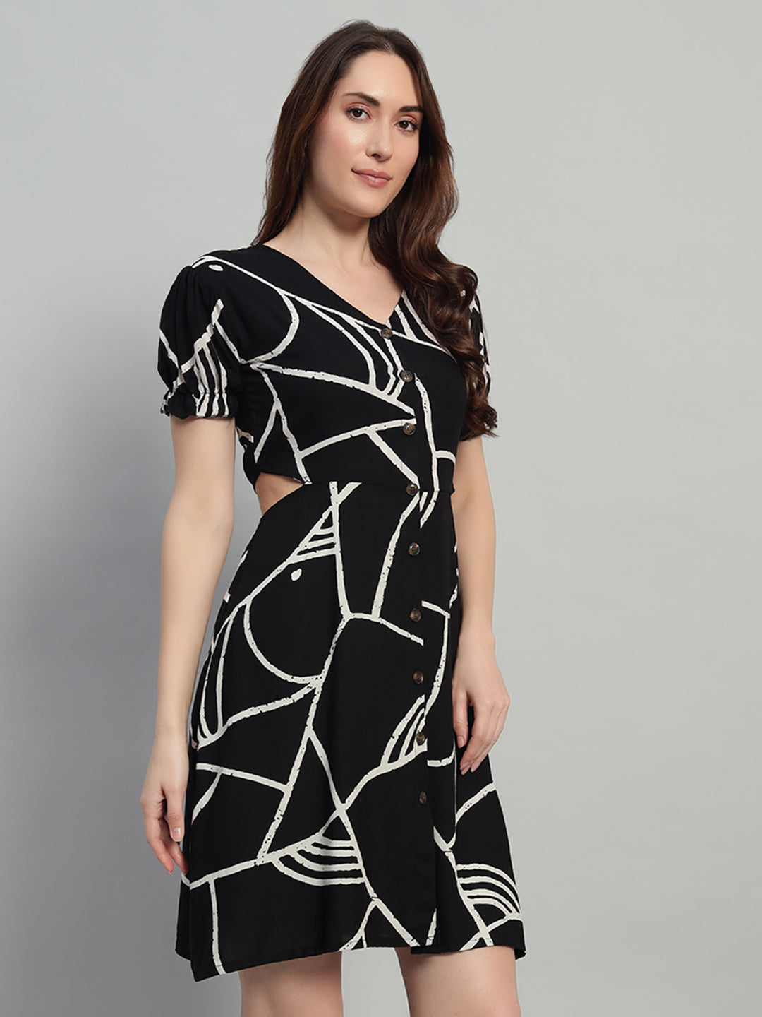 Women Black Abstract Short Flared Dress