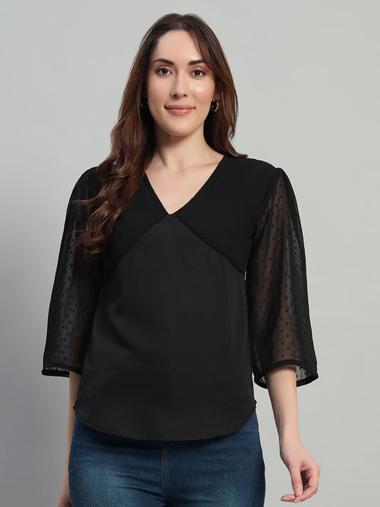 Women Black V-neck Georgette Top