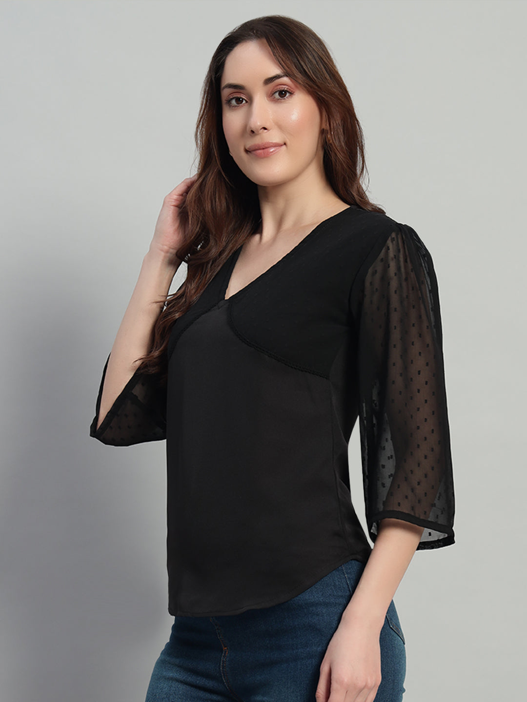 Women Black V-neck Georgette Top