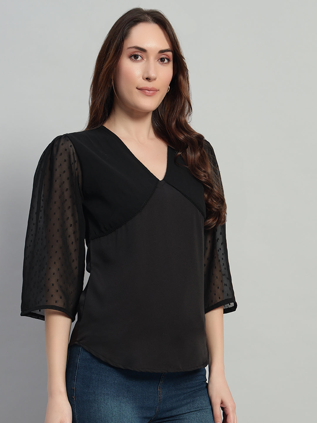 Women Black V-neck Georgette Top