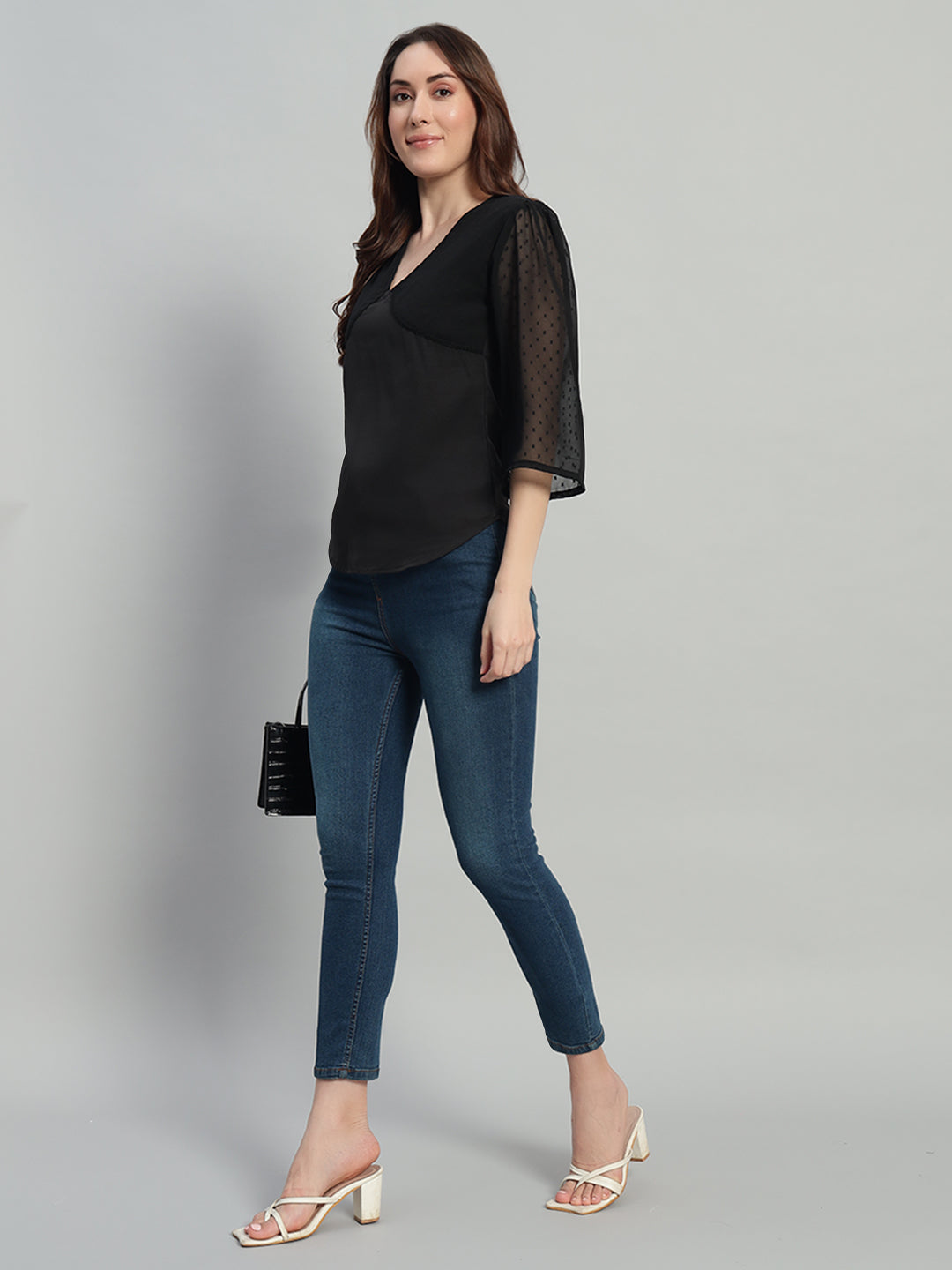 Women Black V-neck Georgette Top