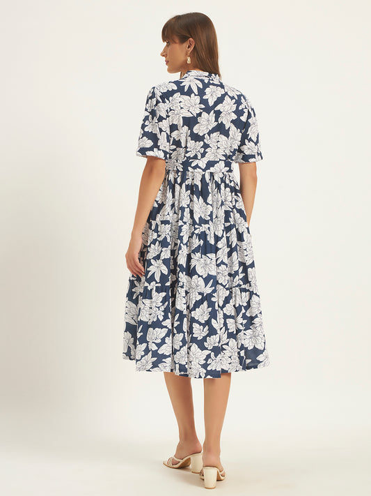 Women Navy Blue Rayon Printed Flared Dress