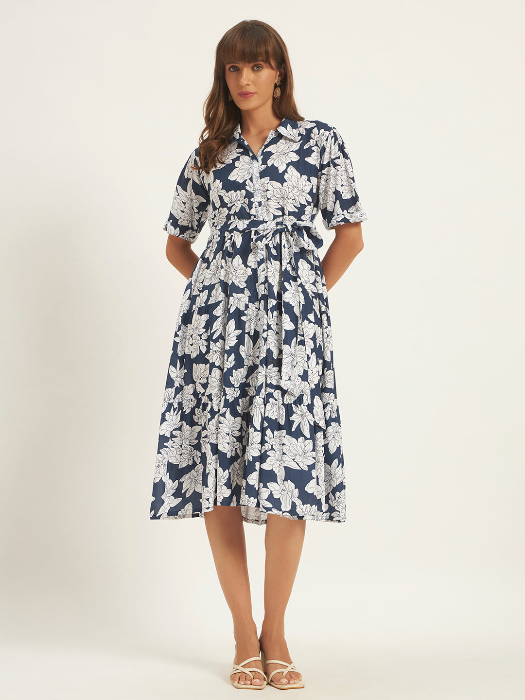 Women Navy Blue Rayon Printed Flared Dress