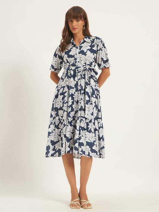 Women Navy Blue Rayon Printed Flared Dress