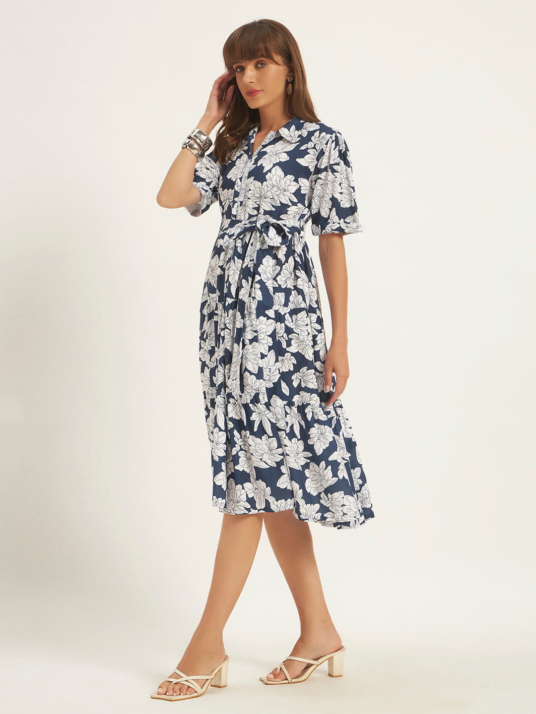 Women Navy Blue Rayon Printed Flared Dress