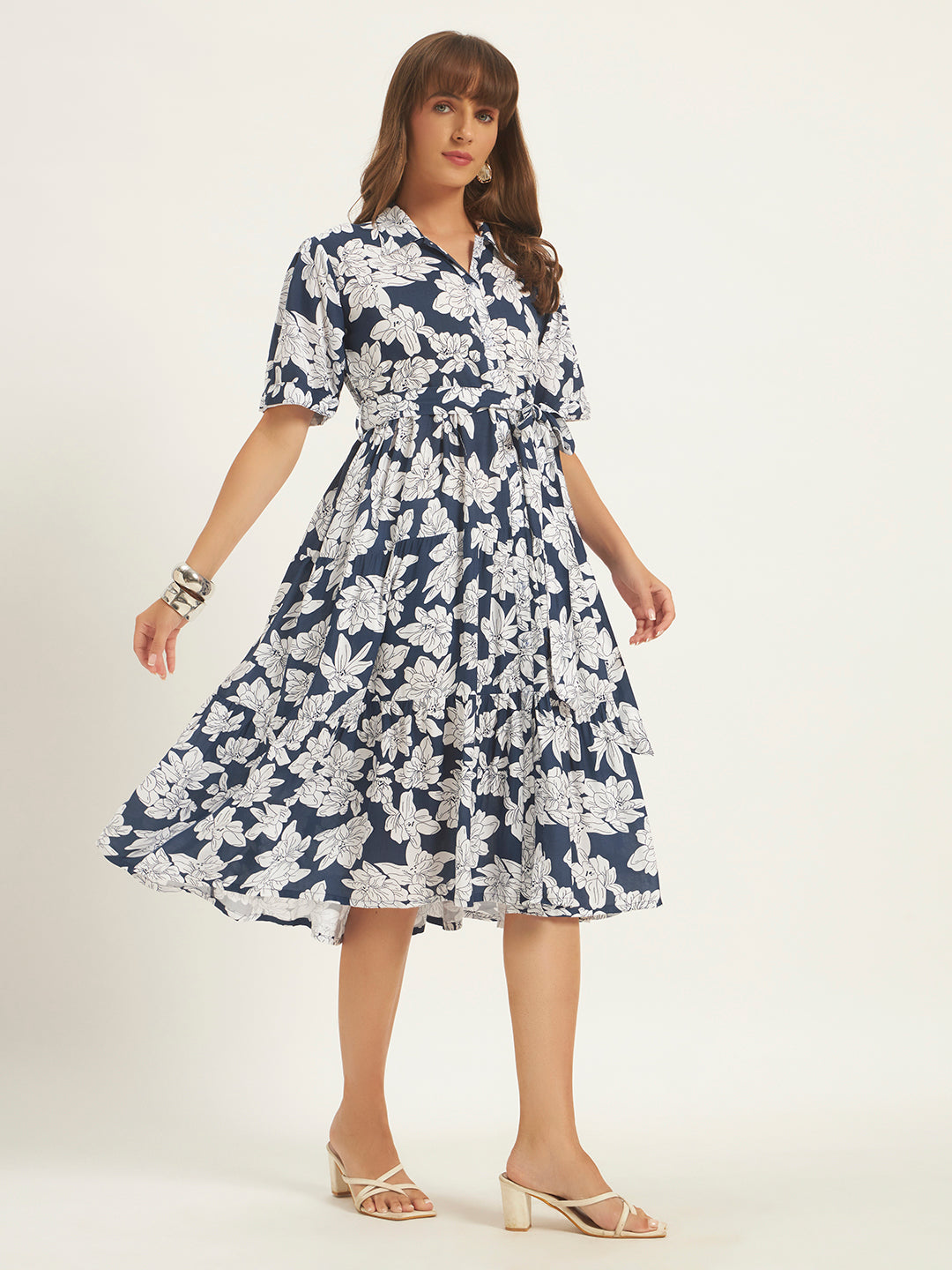 Women Navy Blue Rayon Printed Flared Dress