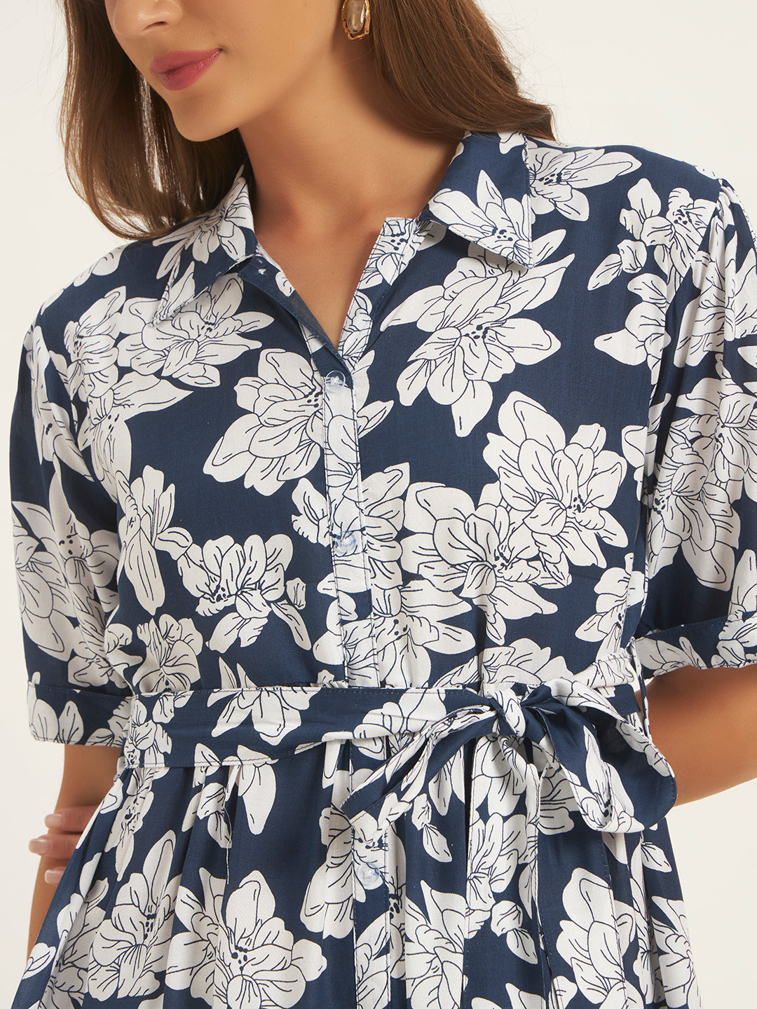 Women Navy Blue Rayon Printed Flared Dress