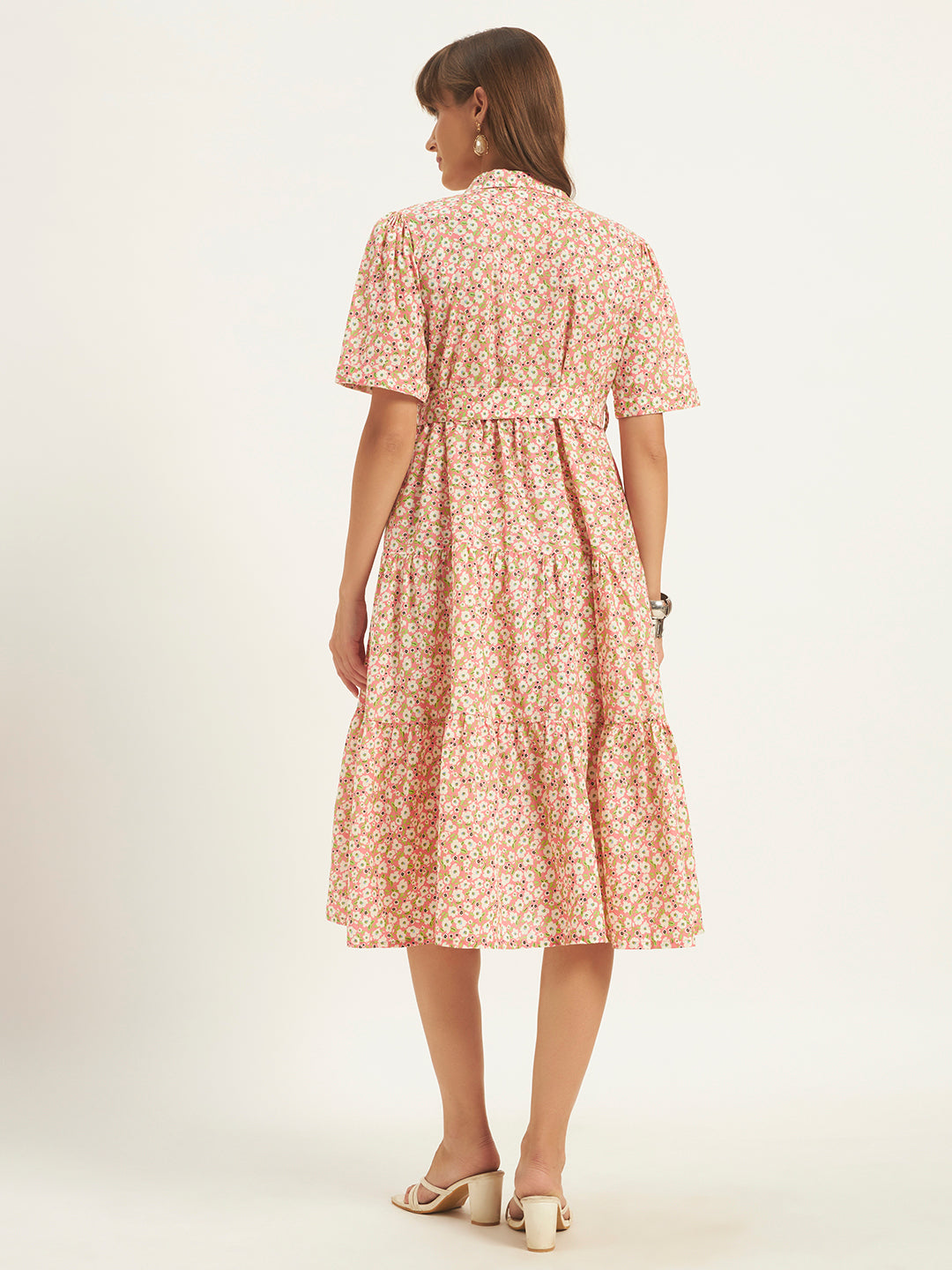 Women Peach Floral Printed Flared Dress