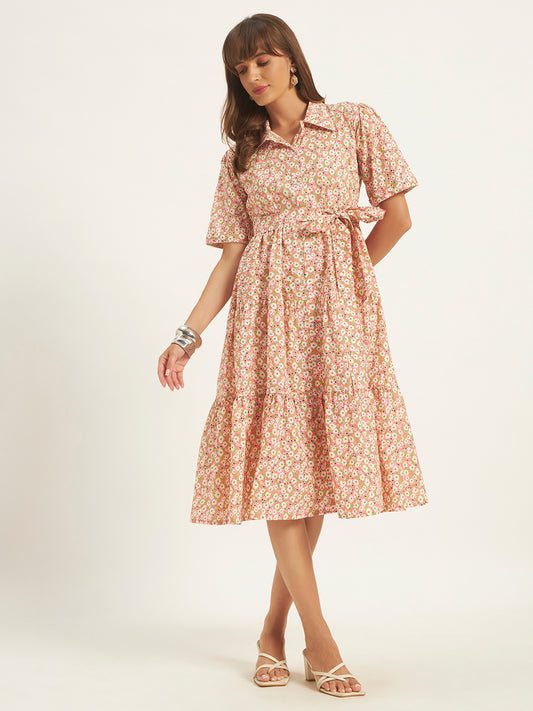 Women Peach Floral Printed Flared Dress