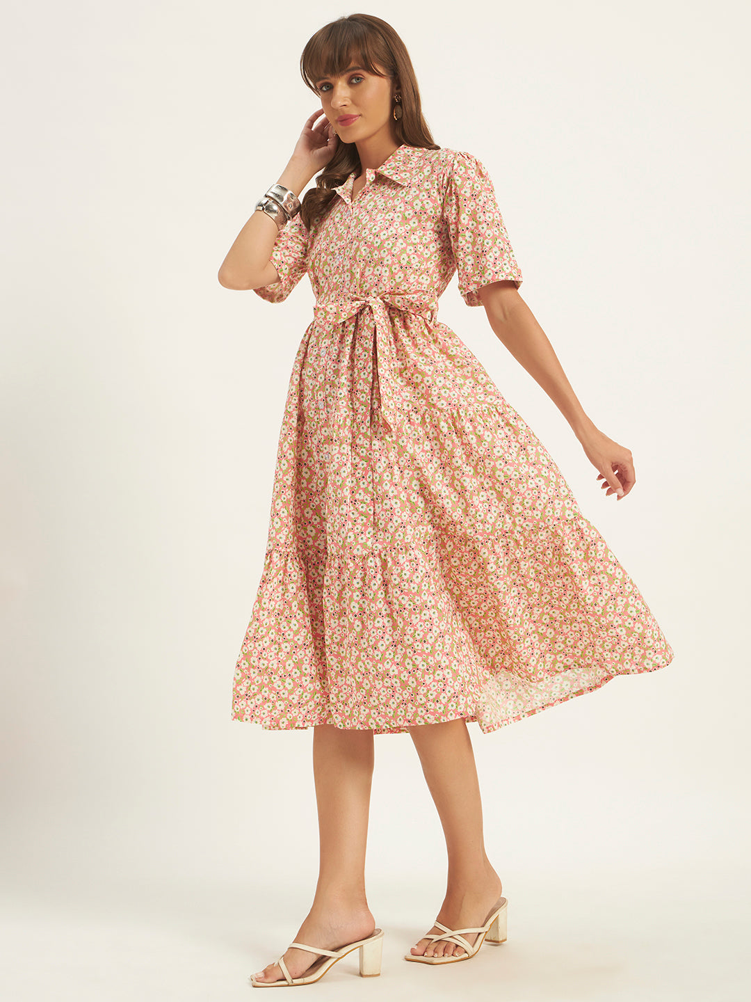 Women Peach Floral Printed Flared Dress