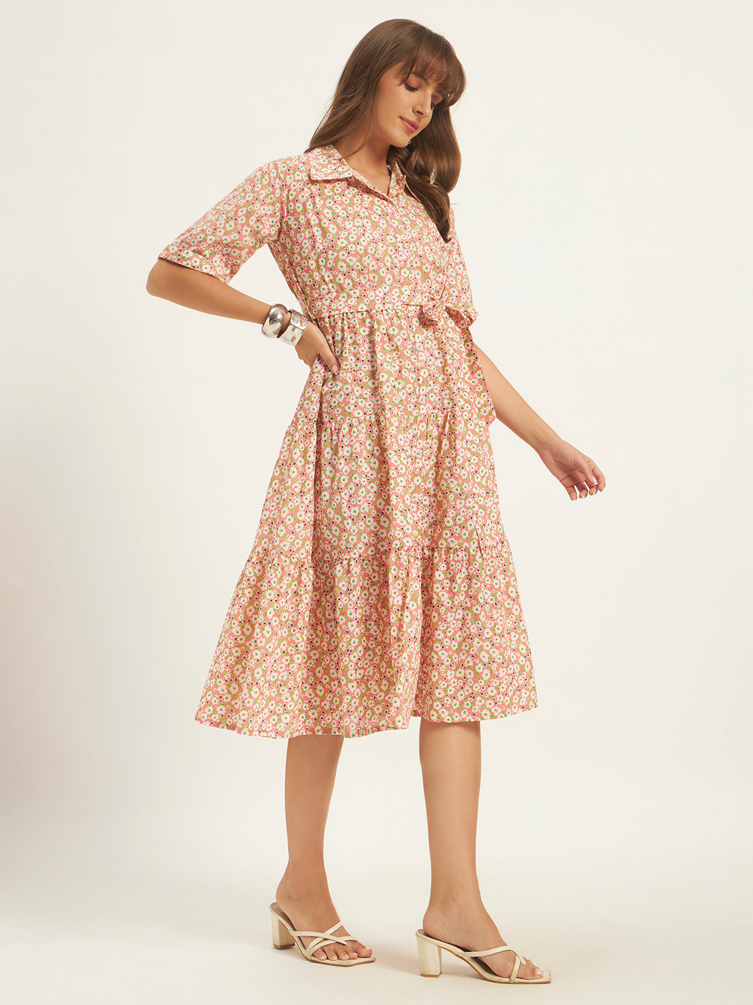Women Peach Floral Printed Flared Dress