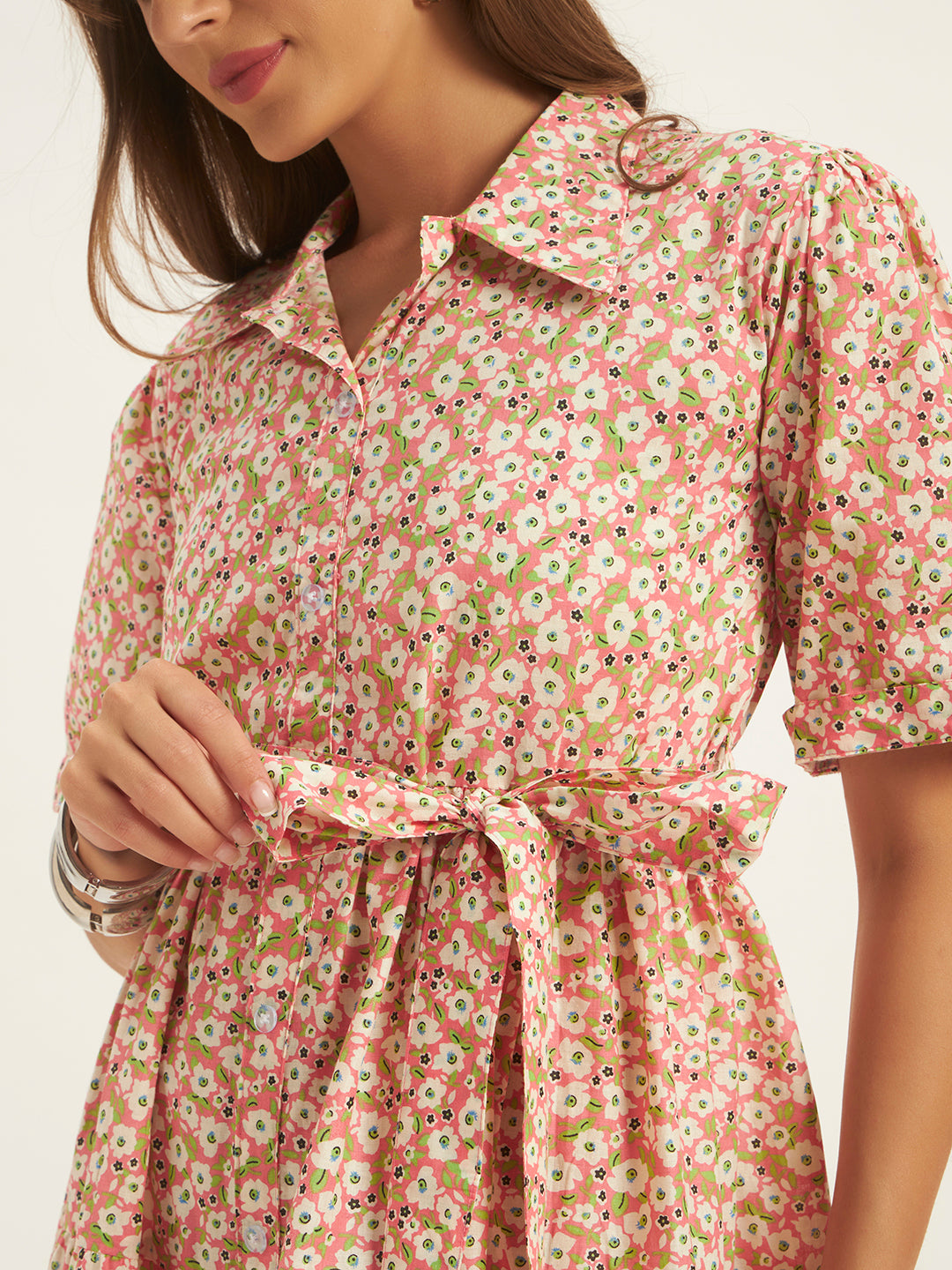 Women Peach Floral Printed Flared Dress