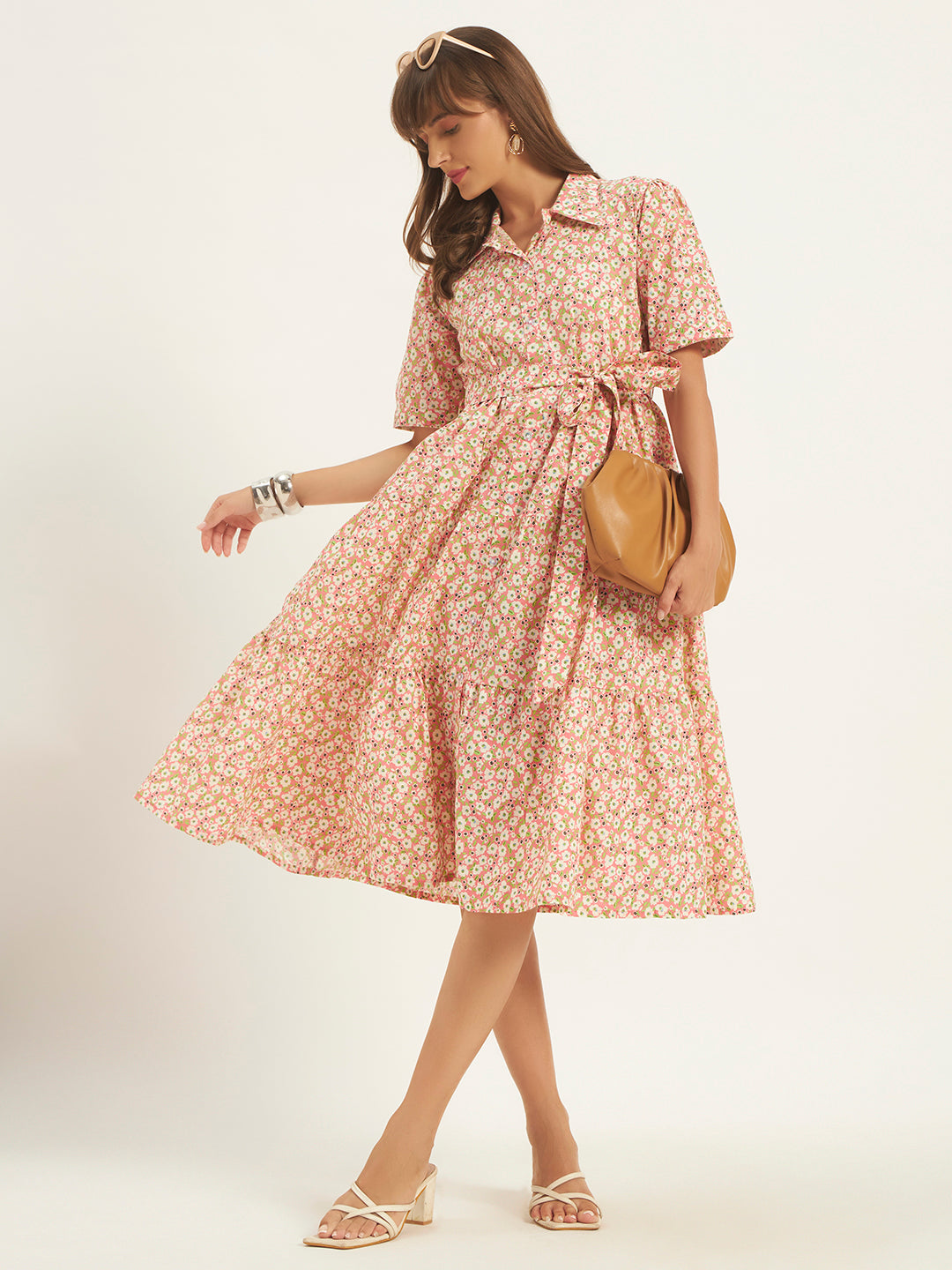 Women Peach Floral Printed Flared Dress