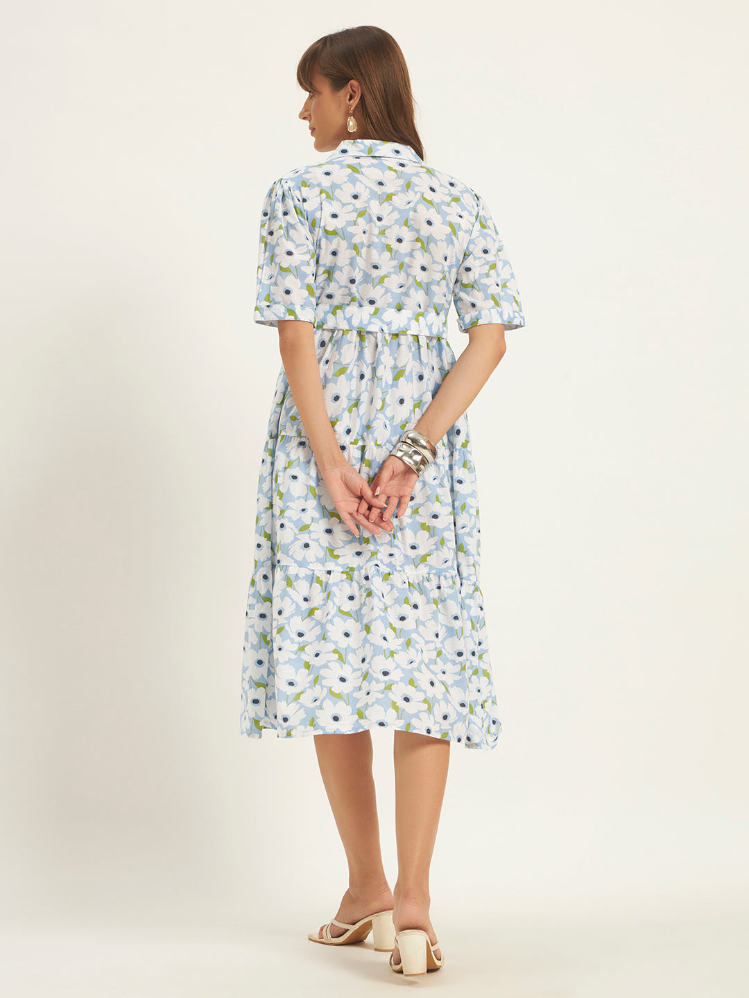 Women Sky White Floral Printed Flared Dress