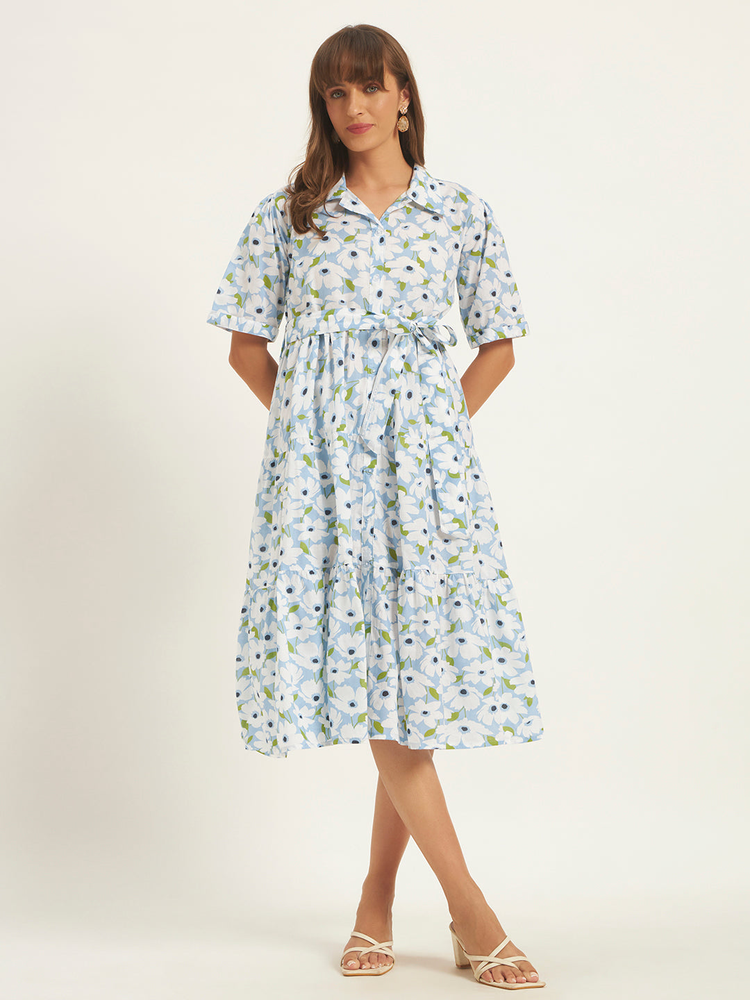 Women Sky White Floral Printed Flared Dress