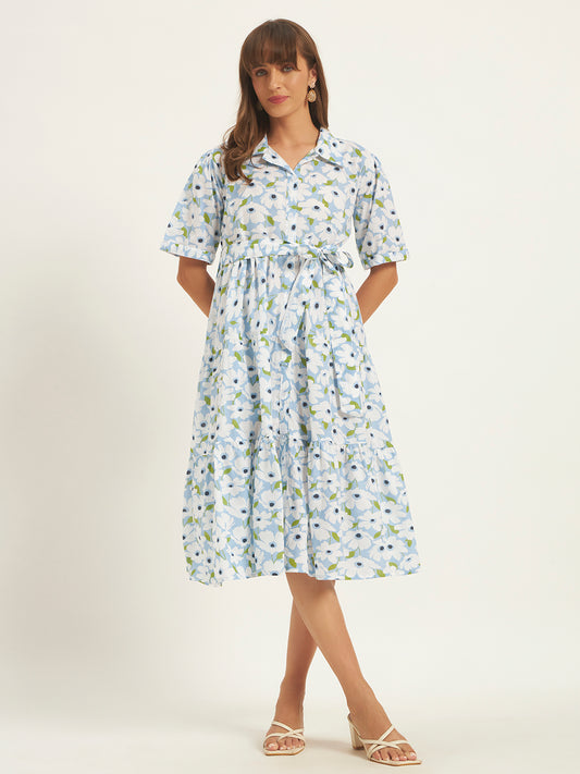 Women Sky White Floral Printed Flared Dress