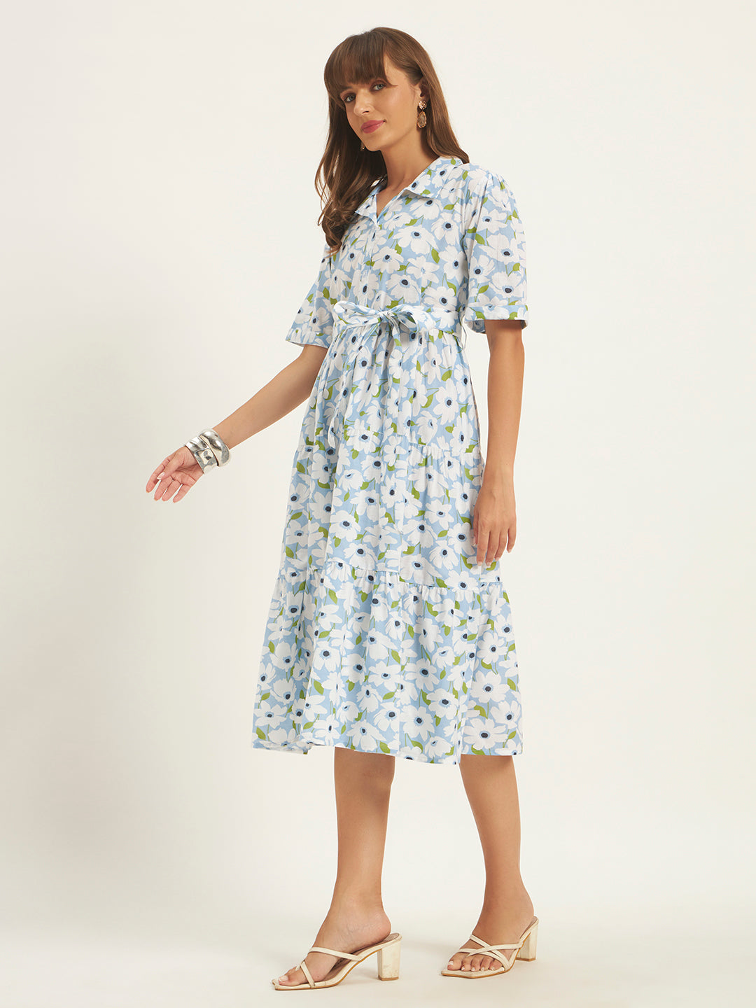Women Sky White Floral Printed Flared Dress