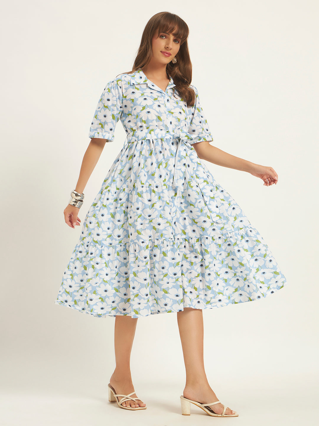 Women Sky White Floral Printed Flared Dress