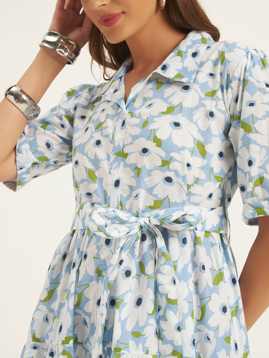 Women Sky White Floral Printed Flared Dress