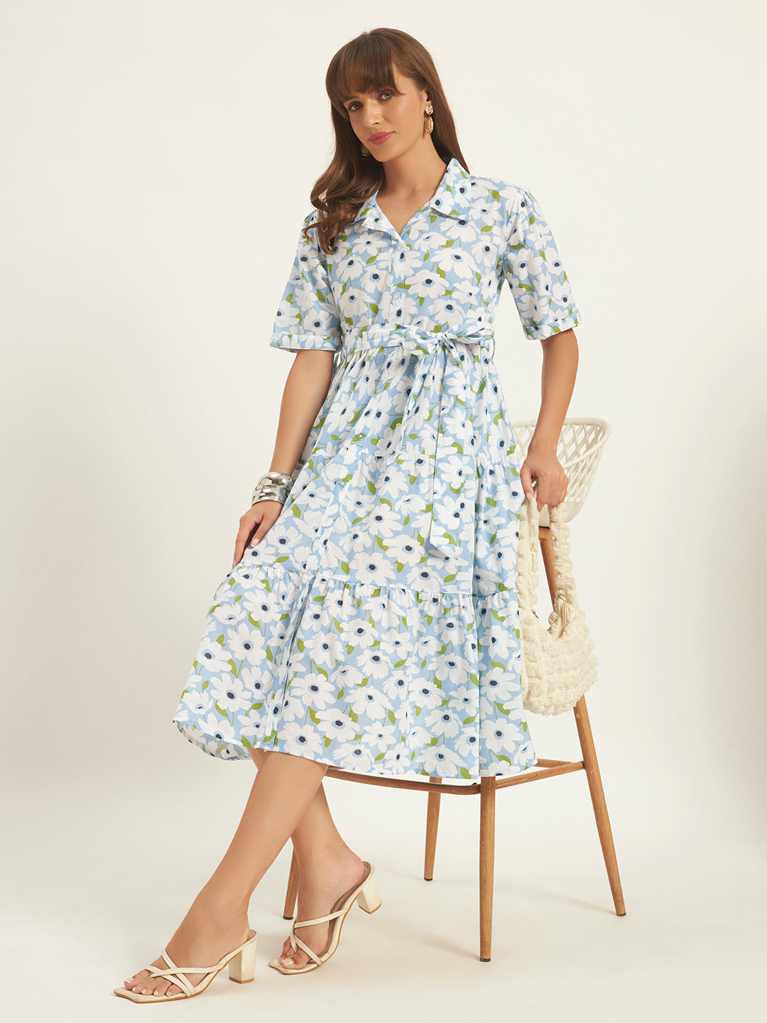 Women Sky White Floral Printed Flared Dress