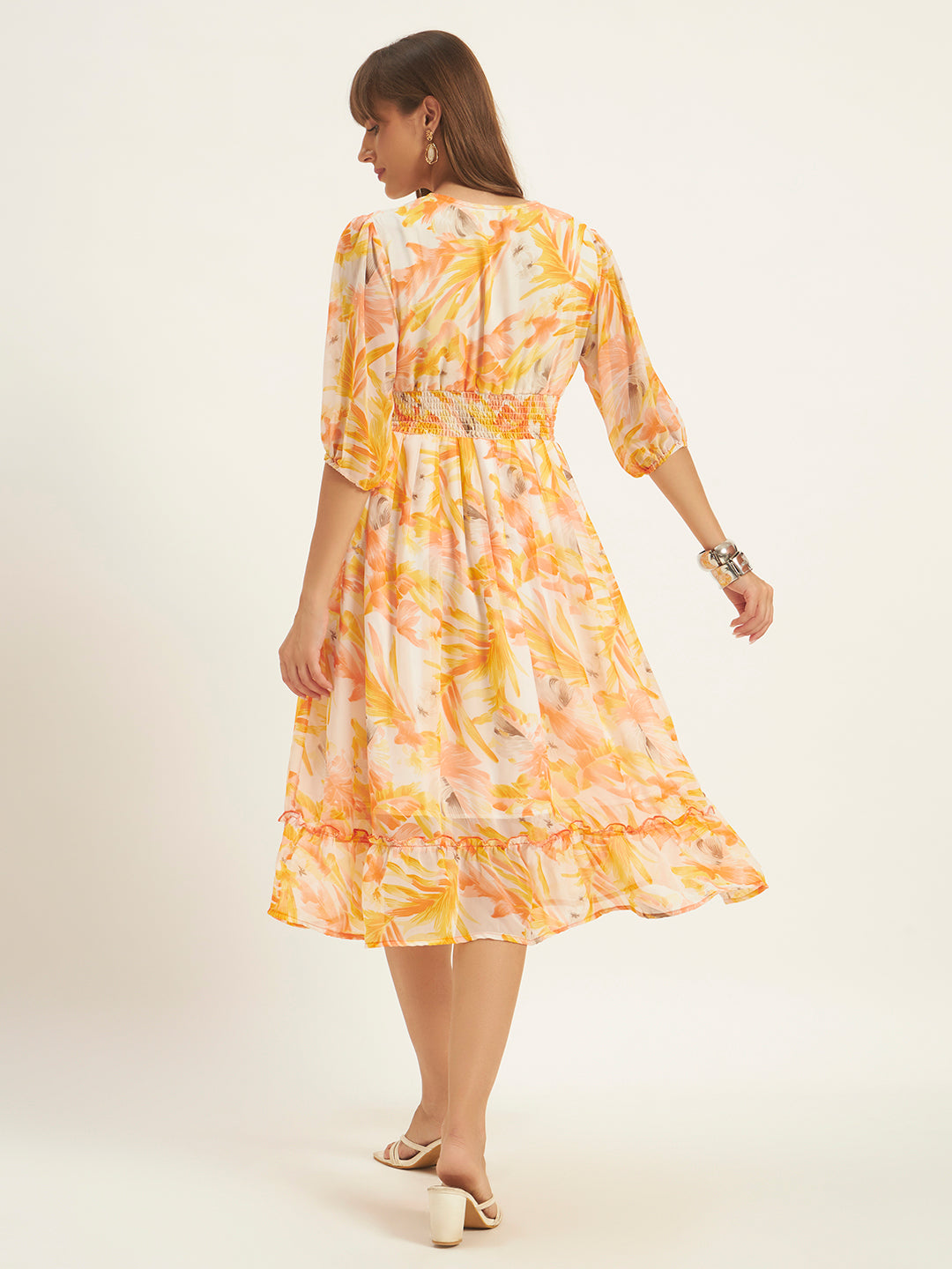 Women Orange Georgette Printed Flared Dress