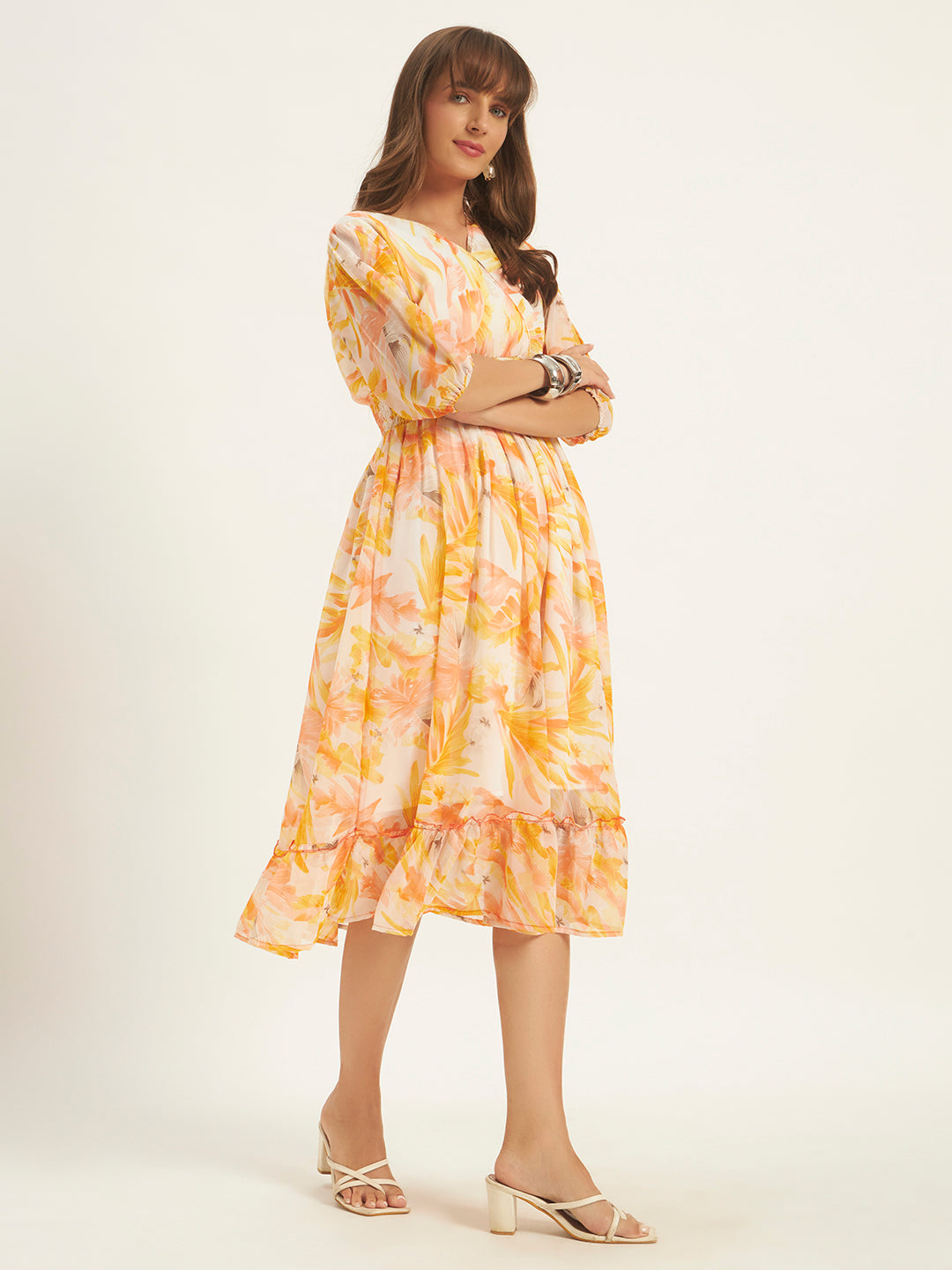 Women Orange Georgette Printed Flared Dress