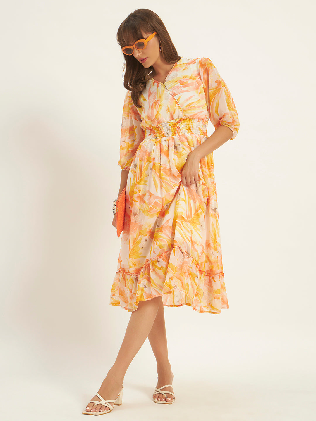 Women Orange Georgette Printed Flared Dress