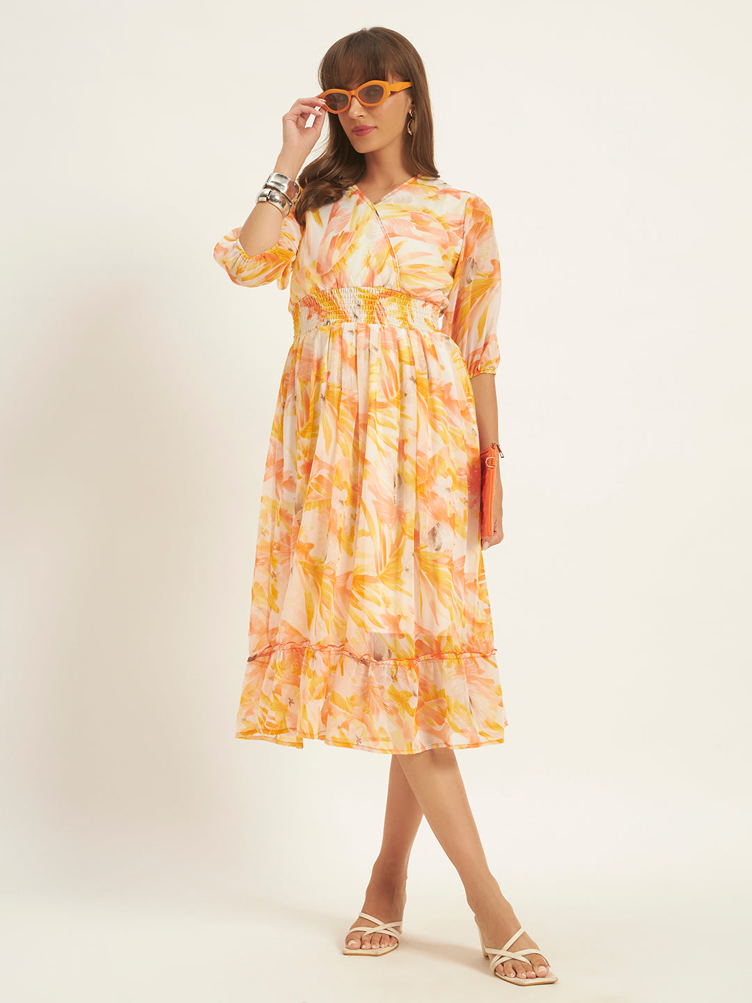 Women Orange Georgette Printed Flared Dress