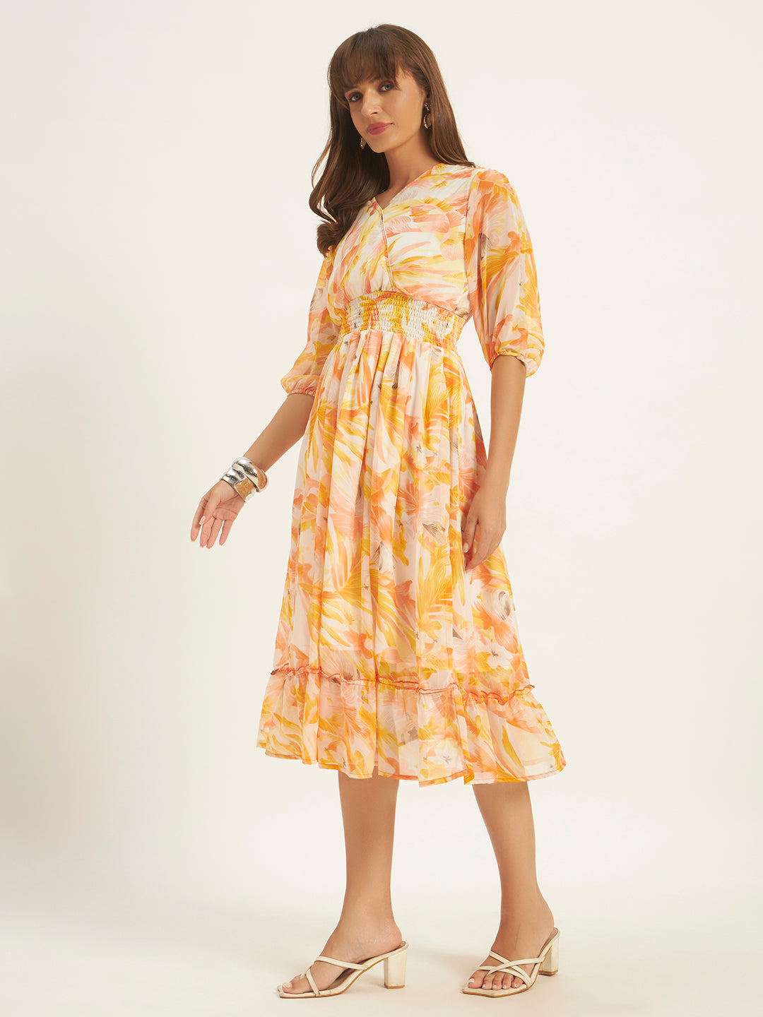 Women Orange Georgette Printed Flared Dress