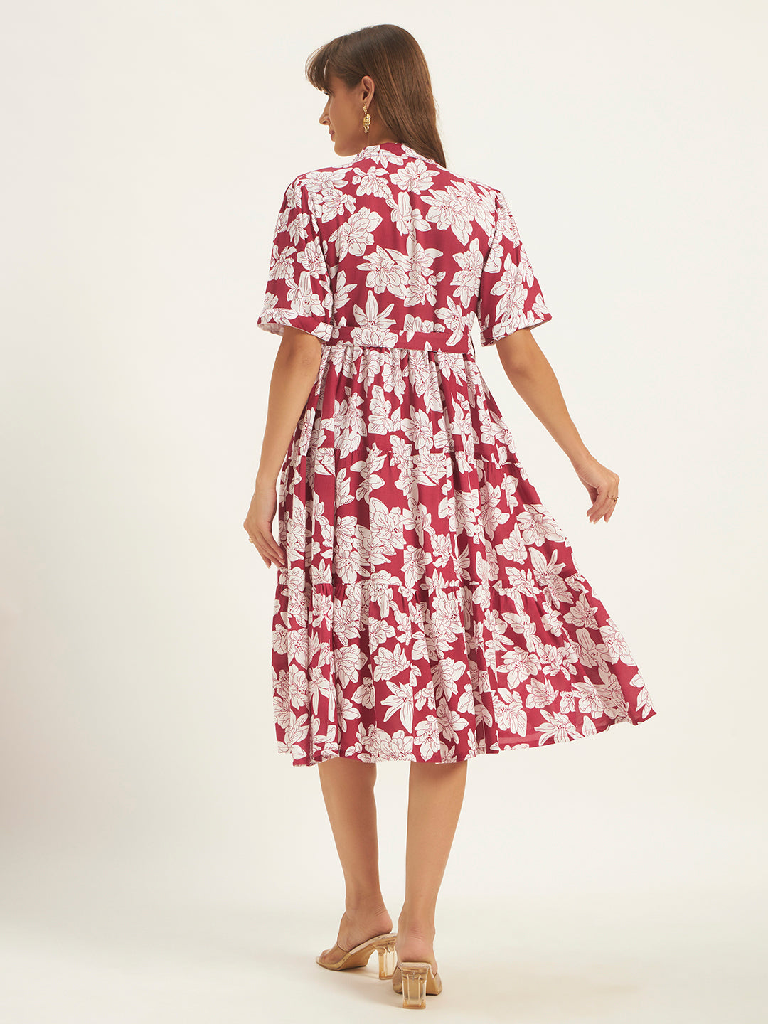 Women Maroon Rayon Printed Flared Dress