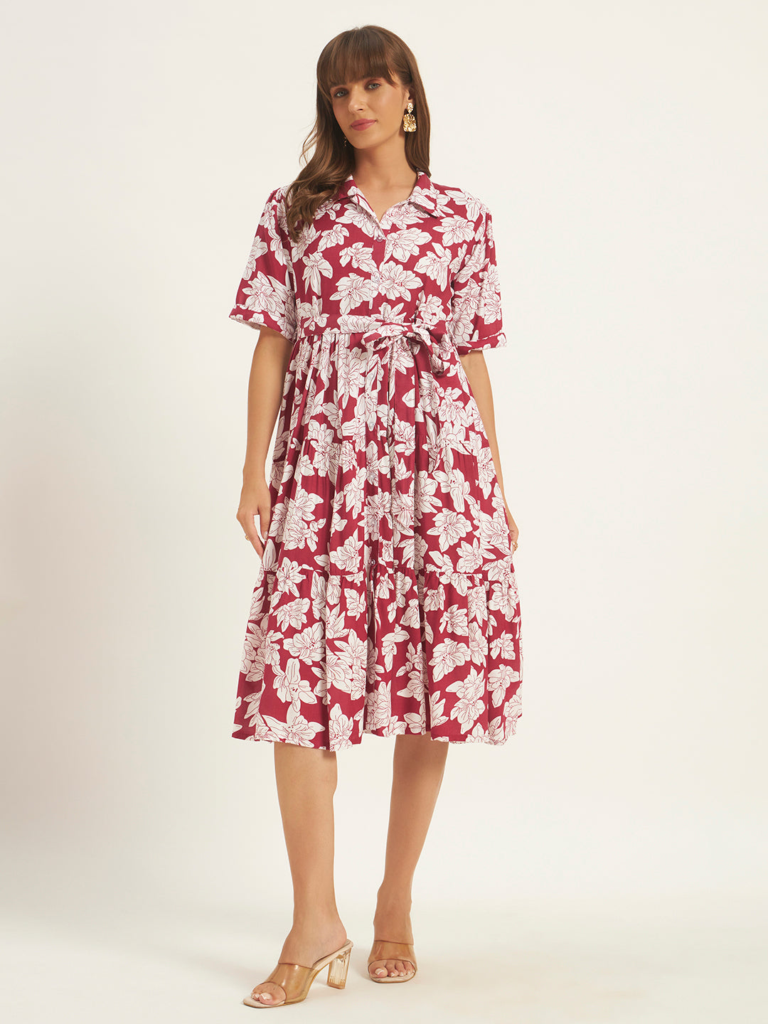Women Maroon Rayon Printed Flared Dress