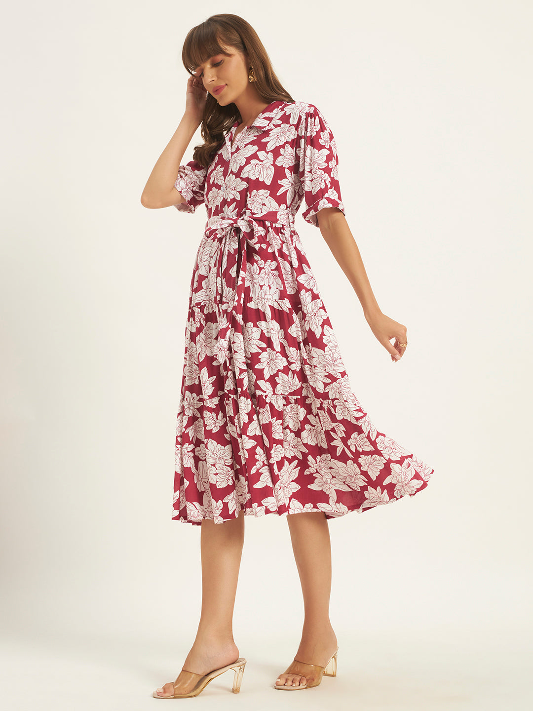 Women Maroon Rayon Printed Flared Dress