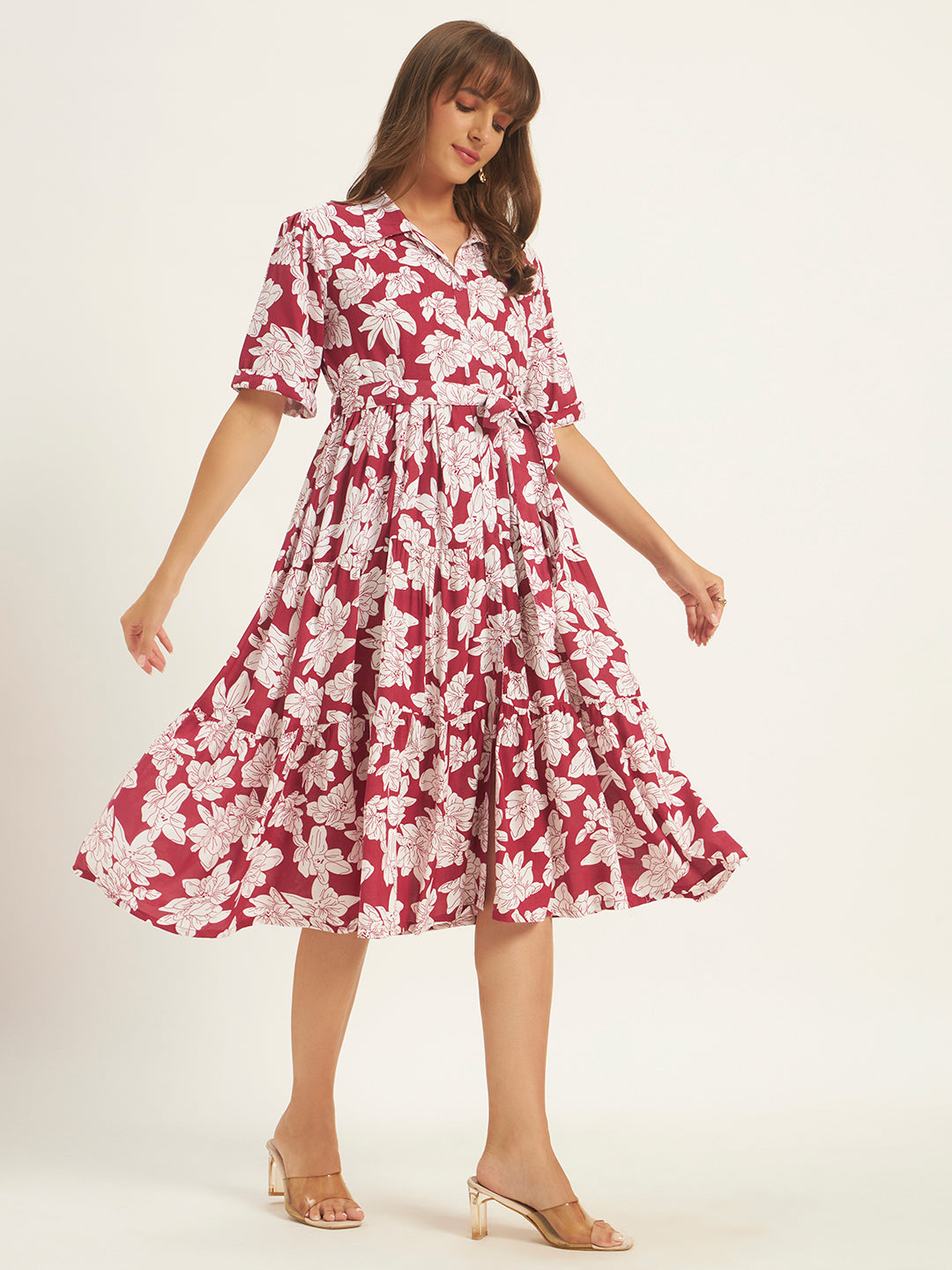 Women Maroon Rayon Printed Flared Dress