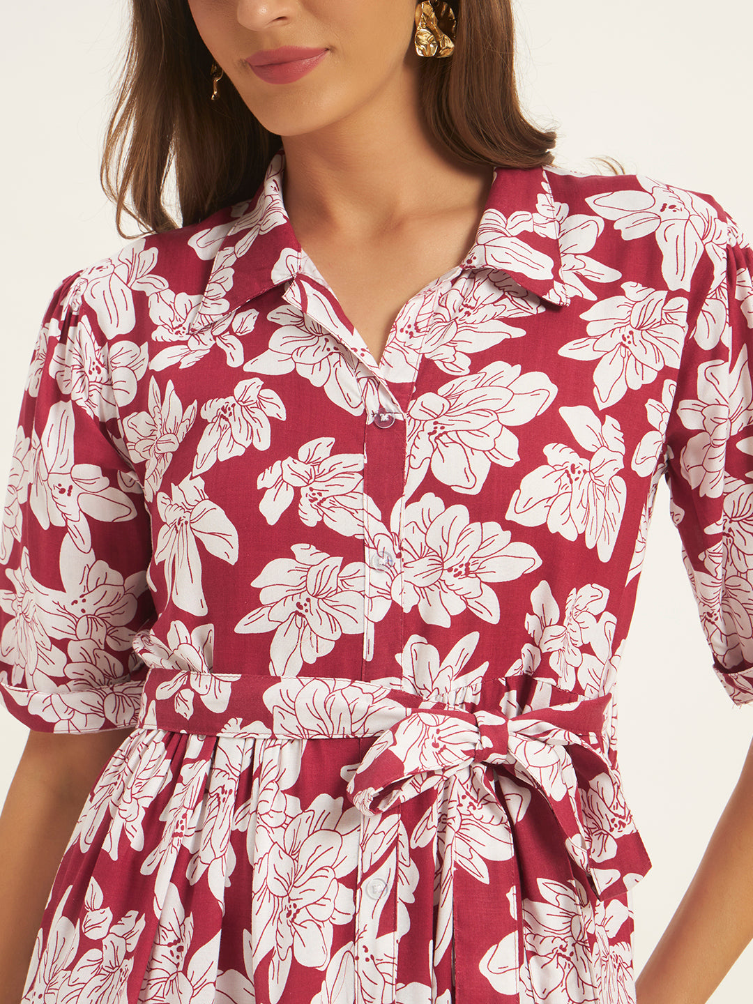 Women Maroon Rayon Printed Flared Dress