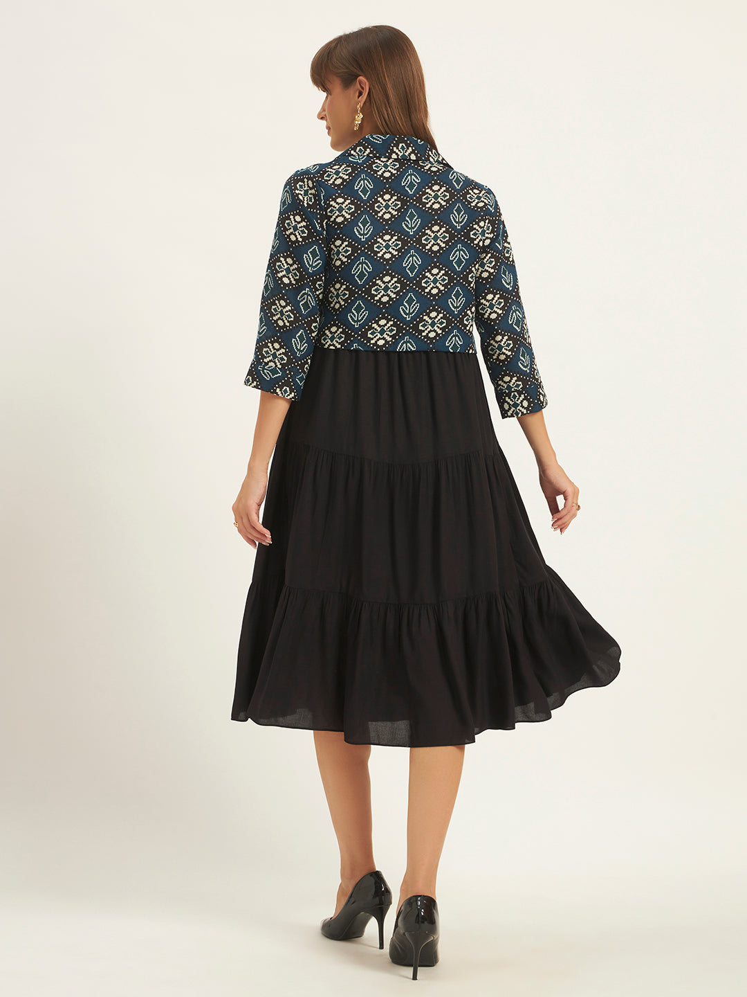 Women Black Fit & Flared Dress With Printed Jacket