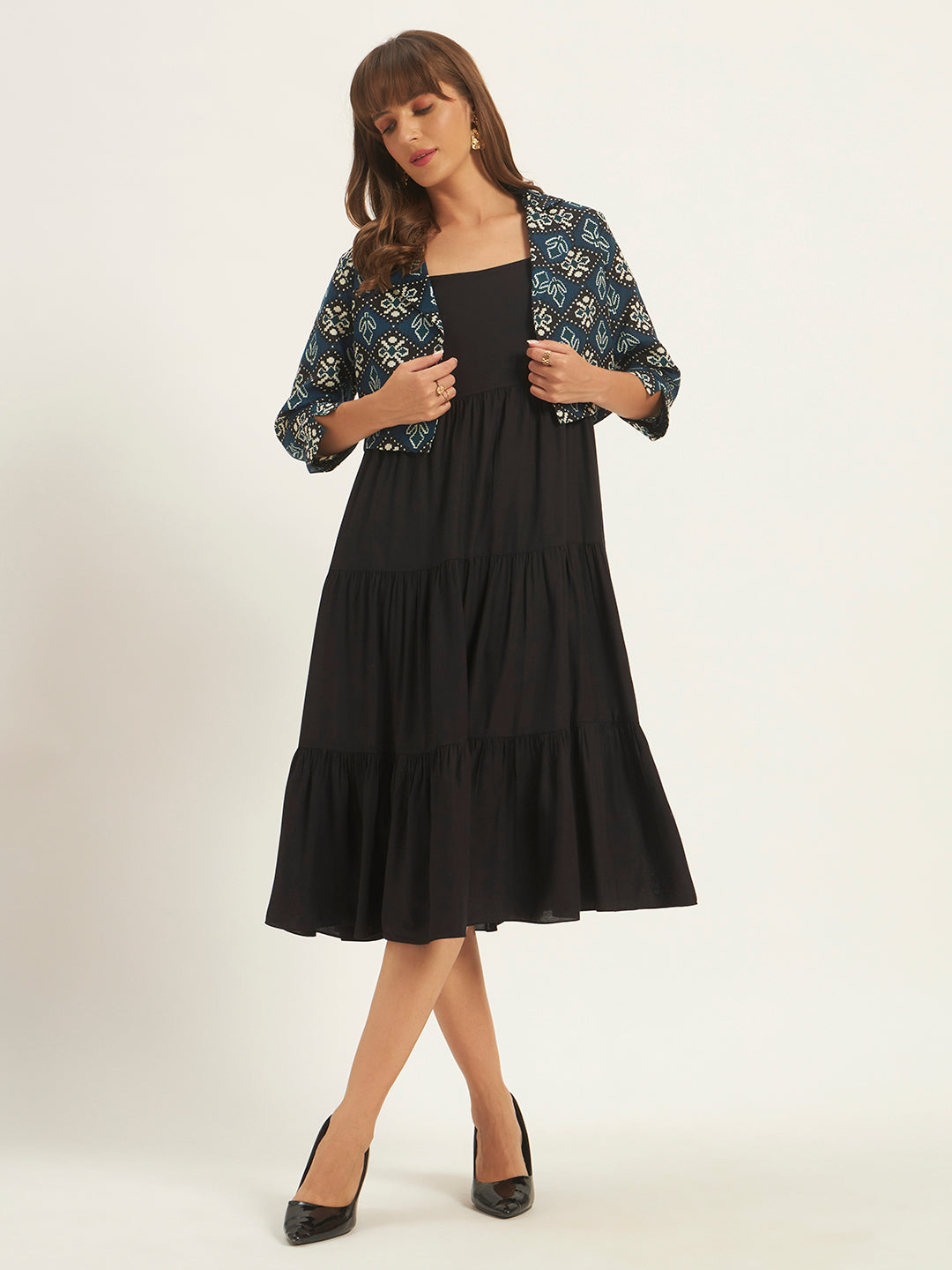 Women Black Fit & Flared Dress With Printed Jacket
