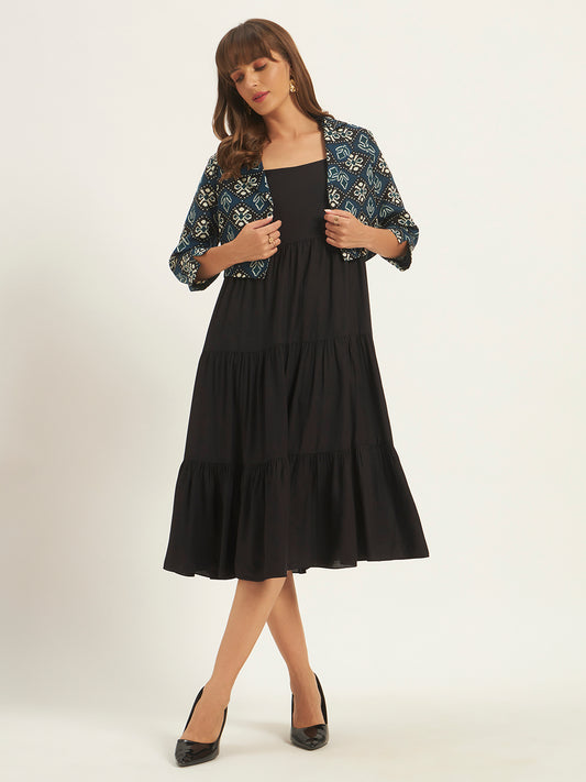Women Black Fit & Flared Dress With Printed Jacket