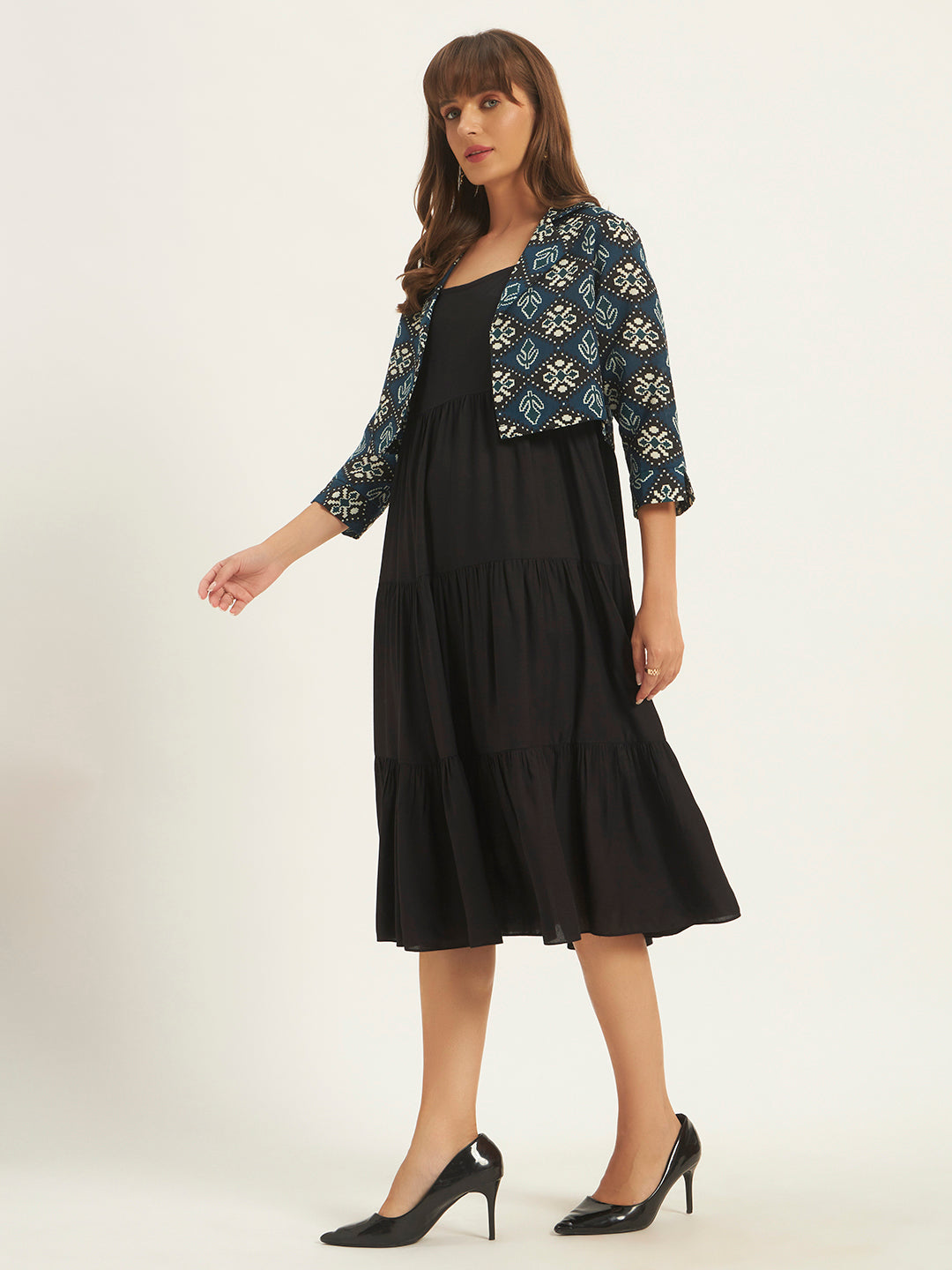 Women Black Fit & Flared Dress With Printed Jacket