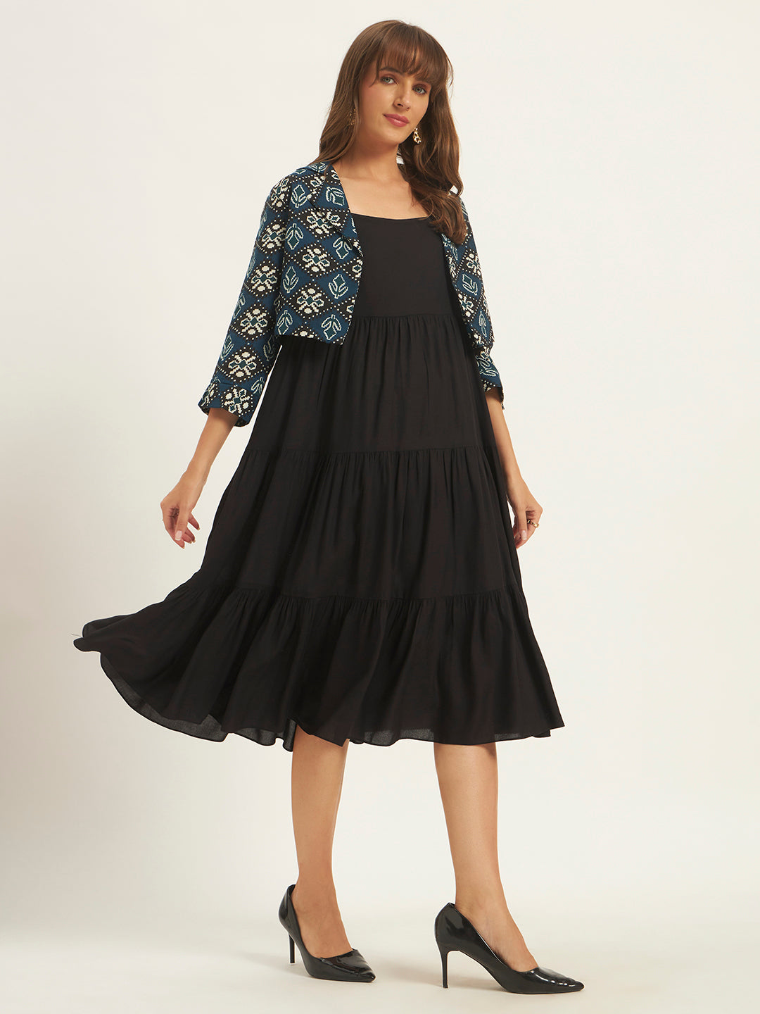 Women Black Fit & Flared Dress With Printed Jacket
