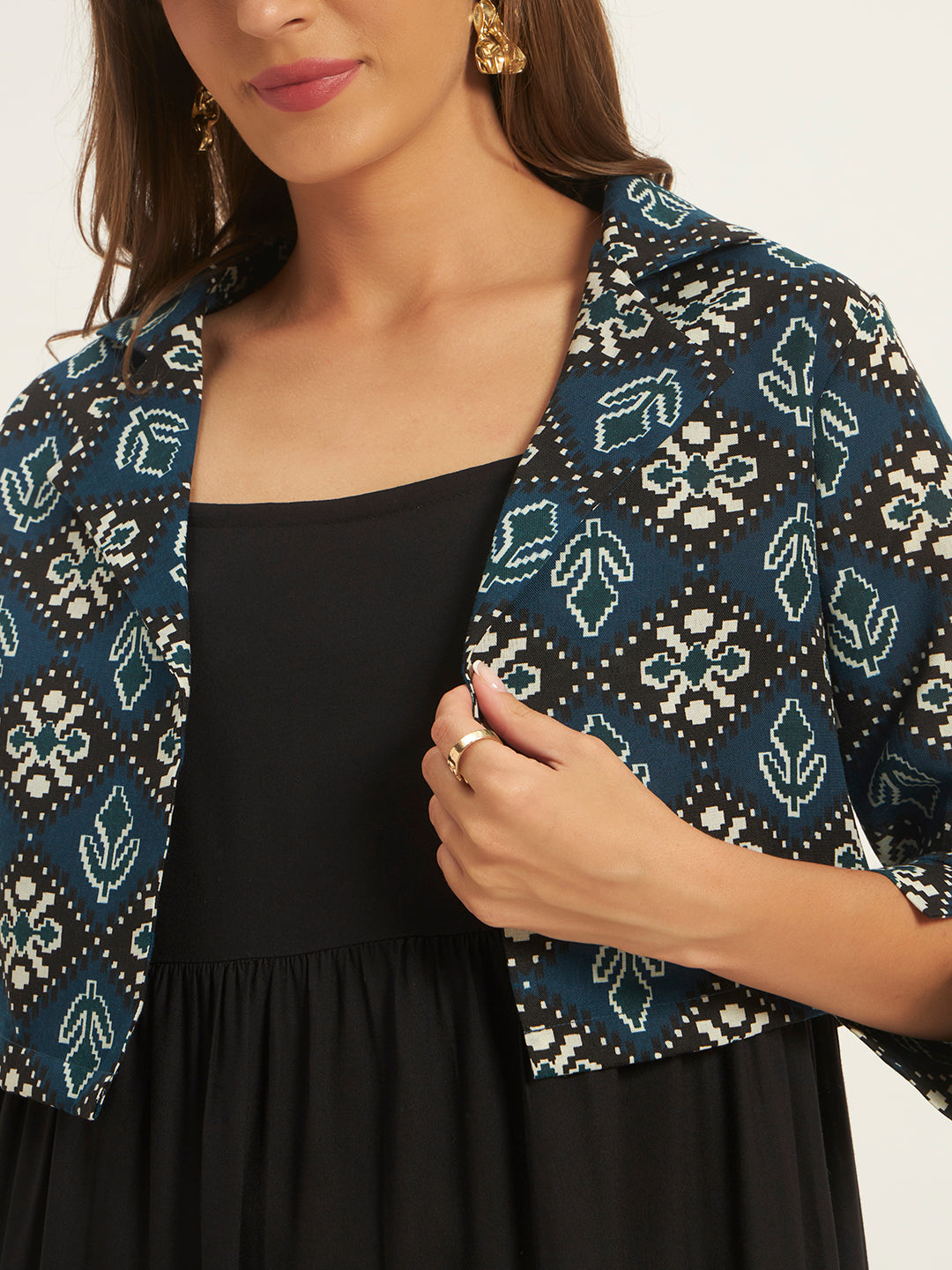 Women Black Fit & Flared Dress With Printed Jacket