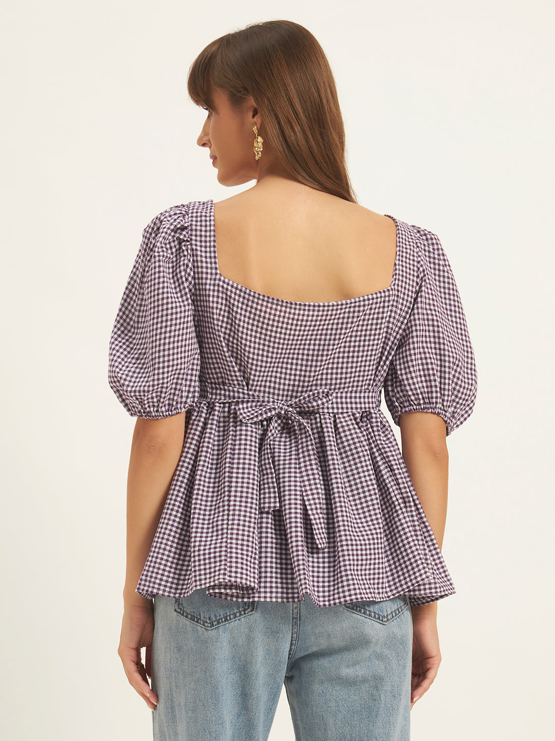 Women Purple & White Checks Square Neck Top