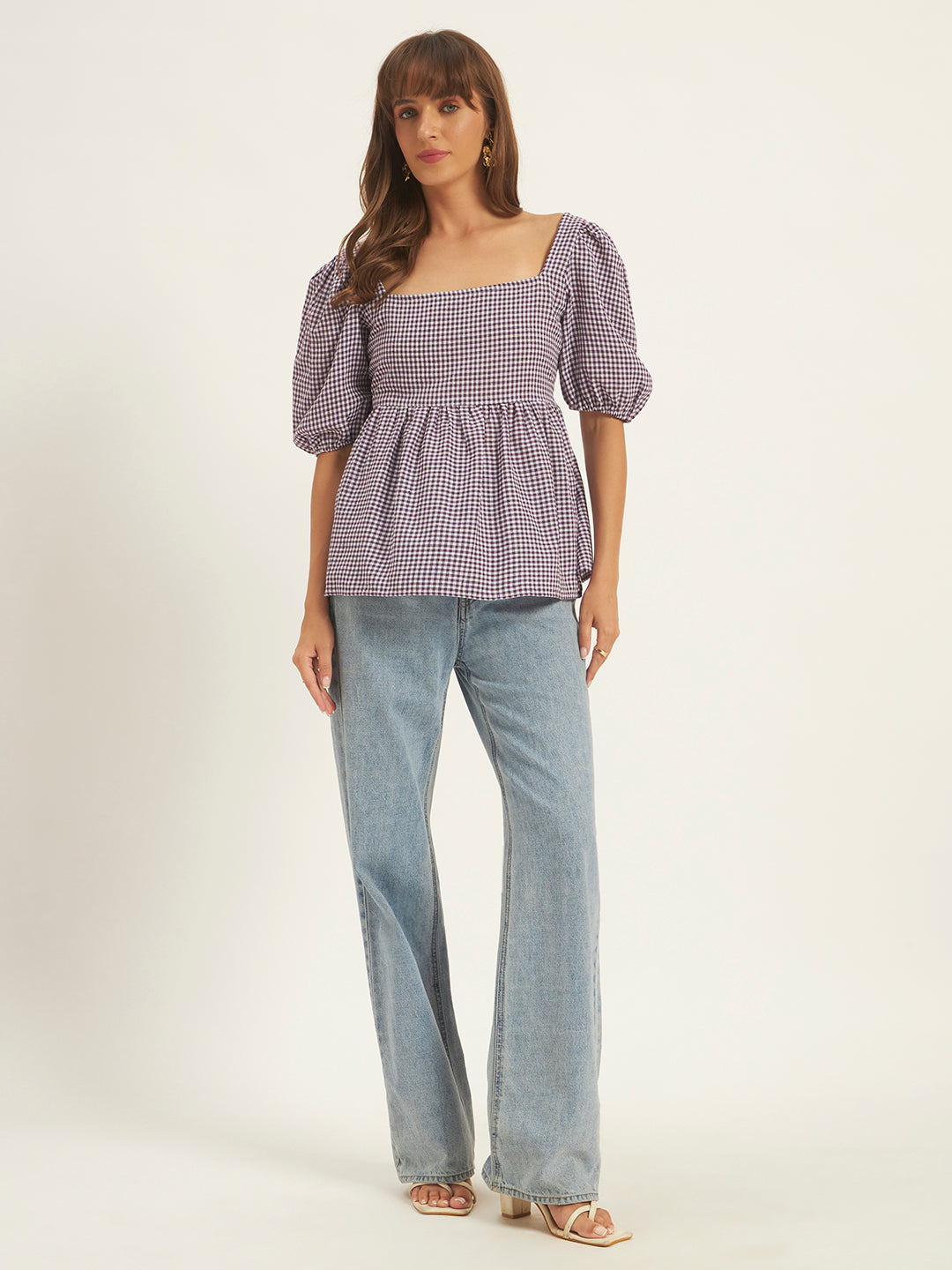 Women Purple & White Checks Square Neck Top